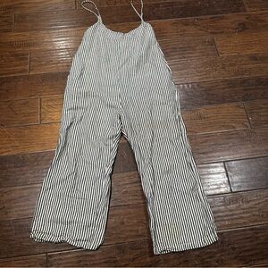 Ali Golden Linen Cotton Wide Leg Jumpsuit Striped Adjustable Spaghetti Strap